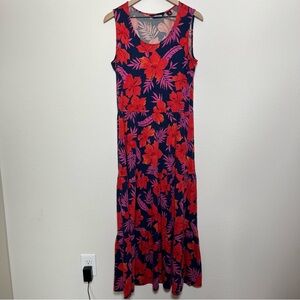 Lands End Women Jersey Knit Maxi Dress Medium Red Blue Tiered Sleeveless Tropica
